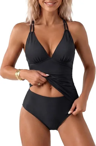 Vista 21 de Yonique Traje de baño de dos piezas para mujer, tankini con control de abdomen, talla grande, cuello halter en V Verde militar