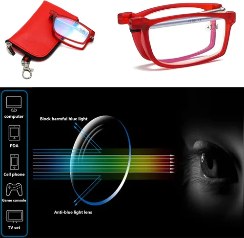 Vista 6 de Viseng Gafas de lectura plegables con luz anti-azul para hombres y mujeres con varilla telescópica portátil moda ultra ligera funda de cuero +3.5