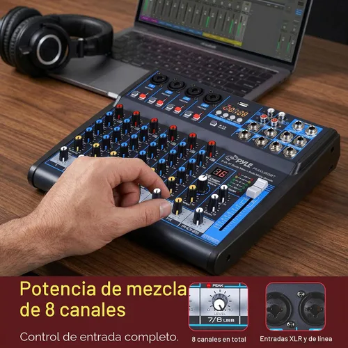 Vista 2 de Pyle - Mezclador de audio profesional, tablero de sonido, consola de mesa, sistema de interfaz de 8 canales, USB digital, Bluetooth, MP3, entrada