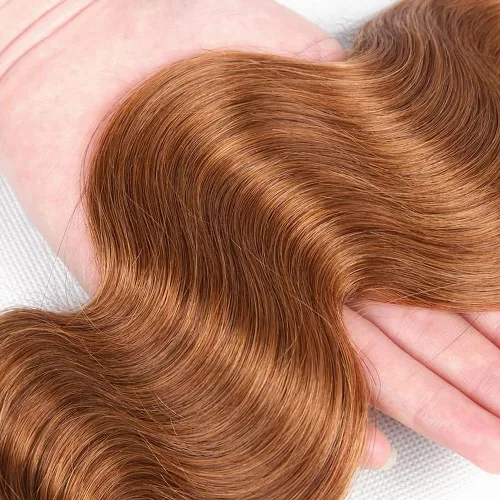 Vista 4 de Color 30 paquetes de cabello humano marrón onda del cuerpo paquetes 8 10 12 pulgadas brasileño virgen Remy extensiones de cabello humano doble trama