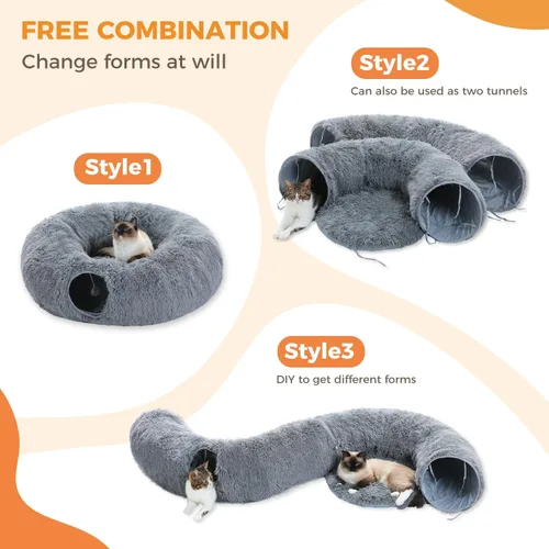 Vista 4 de PAWZ Road Túnel grande para gatos, cama túnel para gatos con alfombrilla central suave y bolas colgantes, tubo plegable de felpa esponjosa