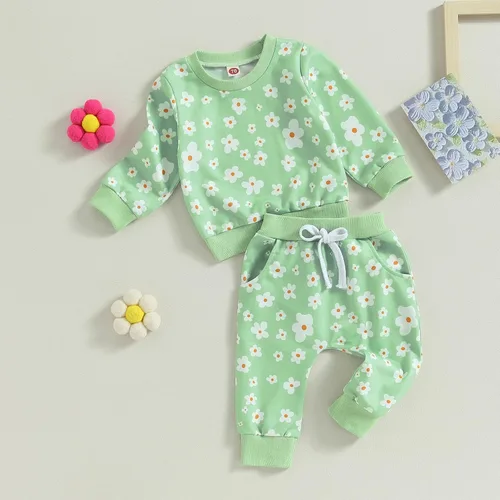 Vista 7 de MAYUMMPY Conjunto de 2 piezas de sudadera con cuello redondo floral y pantalones para bebé niña