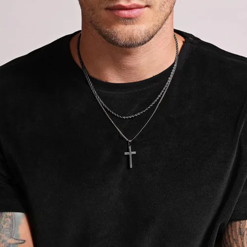 Vista 2 de Ursteel Collar de cruz para hombre, acero inoxidable, plateado, negro, oro, cadena de cuerda en capas, collar con colgante de cruz, joyería simple