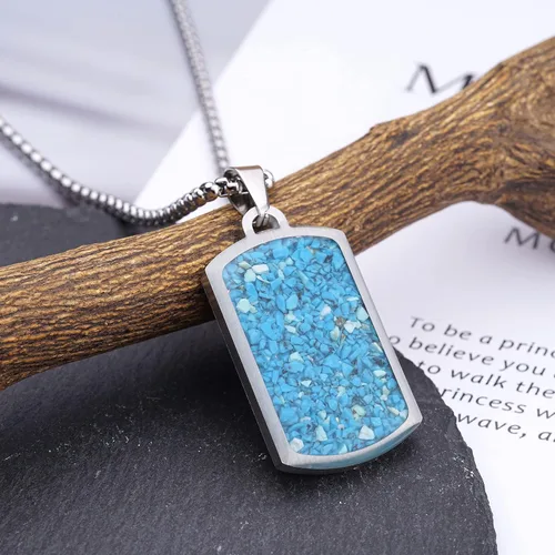 Vista 2 de Lauren-Spencer Collar con etiqueta de perro con piedras preciosas para hombre, acero inoxidable, grabado, azul, sodalita, turquesa, astillas