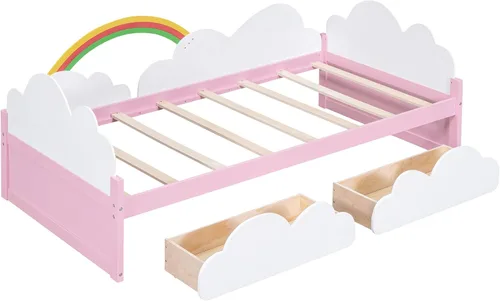 Vista 5 de Merax Cama individual con decoración de nubes y arco iris, marco de cama de madera con cajones de almacenamiento para niños