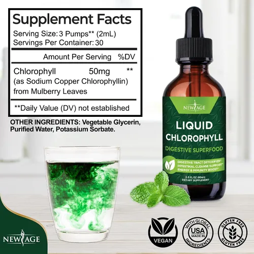 Vista 2 de NEW AGE Gotas líquidas de clorofila - Concentrado natural - Potenciador de energía, digestión y apoyo del sistema inmunológico, desodorante interno