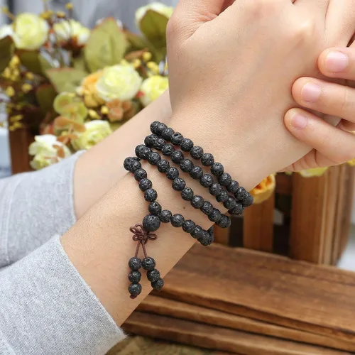 Vista 3 de JOVIVI 6mm 8mm collar y pulsera tibetanos con 108 cuentas para rezo budista, de piedras preciosas sanadoras, con la piedra de lava natural, de 6 mm