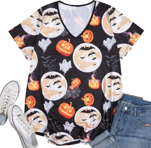 Vista 5 de FLOYU Camiseta de manga corta con cuello en V para mujer, talla grande, cuello en V, estampado de cara de calabaza, camiseta de fantasma