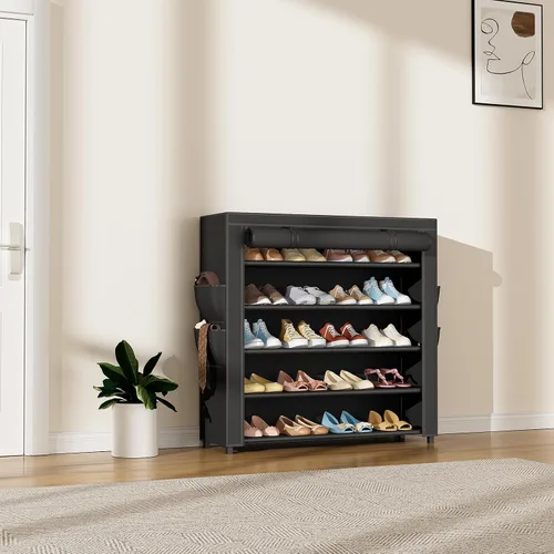 Vista 2 de LANTEFUL Zapatero con cubiertas, organizador de zapatos de 5 niveles de gran capacidad, estante para zapatos, 20-24 pares, ahorro de espacio, Negro