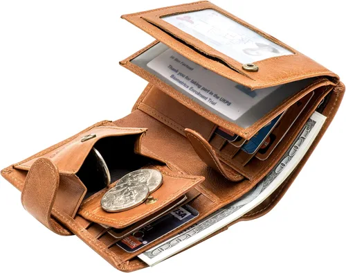 Vista 4 de POKOFO Gran RFID Cuero Genuino Tarjetero Trifold Wallet Snap Cierre 3 ID Windows para los hombres