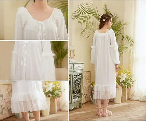 Vista 4 de Camisón de algodón estilo princesa victoriana para mujer, ropa de dormir vintage
