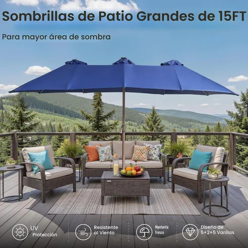 Vista 4 de ovios Sombrilla grande de patio de 15 pies con base y luces solares, paraguas rectangular de doble cara para exteriores con 38 luces RGB, paraguas