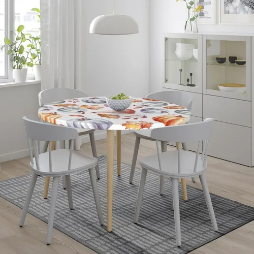 Vista 2 de Mantel elástico redondo con diseño de hojas de calabaza otoñal, con borde ajustable para mesa de 45 a 50 pulgadas de diámetro