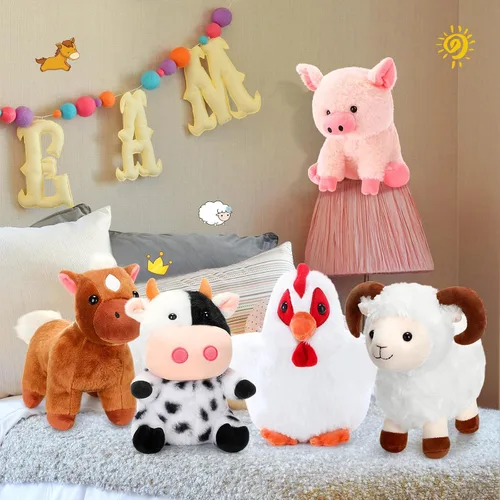 Vista 6 de Skylety Juego de 5 animales de peluche de granja de 10 pulgadas, animales de peluche de granja suave, cerdo gallo, caballo, oveja, vaca, juguete