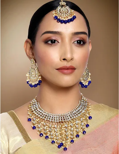 Vista 2 de Aheli Elegant Wear - Gargantilla con tachuelas Kundan de imitación con juego de Maang Tikka Azul