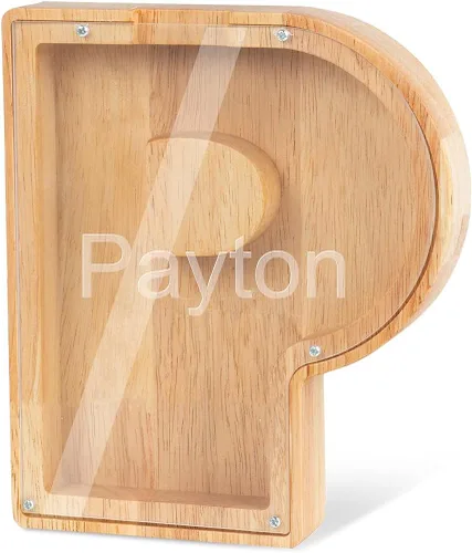 Vista 31 de Alcancía con nombre personalizado, 26 letras láser con texto personalizado, banco de monedas de madera, significado educativo, alcancía con nombre