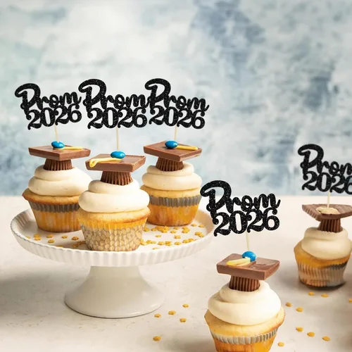 Vista 5 de Gyufise 24 piezas de decoración para cupcakes con purpurina para graduación 2026, decoración de pasteles para graduación 2026, decoración de Negro