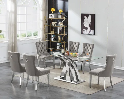 Vista 16 de Juego de mesa de comedor de cristal plateado moderno de 70 pulgadas para 4, juego de mesa de comedor rectangular de 5 piezas con patas de acero