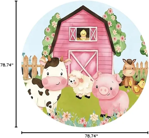 Vista 4 de Yeele Fondo redondo de dibujos animados de animales de granja de 6.5 x 6.5 pies para niños, granero rosa, granero, animales, vacas, cerdos, corral