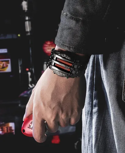 Vista 5 de Reloj de pulsera digital para hombre MASTOP, estilo matriz binaria, LED azul, clásico, creativo, de moda, enchapado en negro