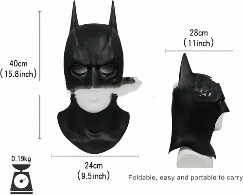 Vista 2 de Máscara de murciélago de superhéroe para hombre, casco de cabeza completa, de látex, negro, accesorio de disfraz de Halloween, máscara de juego