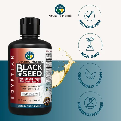 Vista 3 de Amazing Herbs Aceite de semilla negra egipcia, sin gluten, sin OMG, prensado en frío, Nigella sativa ayuda a la salud digestiva, apoyo inmunológico