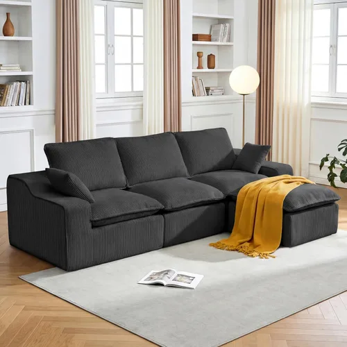 Vista 15 de Sofá seccional de pana sin hueso de 107 pulgadas para sala de estar, sofá modular con diván en forma de L, moderno sofá modular con asiento profundo