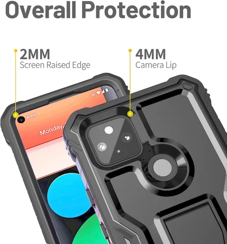 Vista 2 de FITO Funda para Google Pixel 5A, funda resistente a prueba de golpes de doble capa con protector de pantalla, soporte integrado (negro)