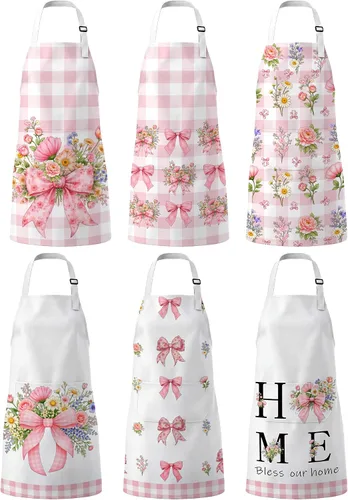 Vista 7 de Bencailor 6 delantales de cocina de verano con bolsillos, diseño de flores, gallo, abeja, mariposa, girasol, delantales de verano a granel