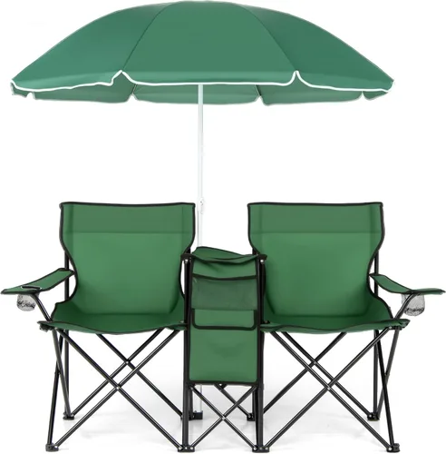 Vista 16 de Goplus Sillas de camping dobles con paraguas, enfriador para patio de playa Negro