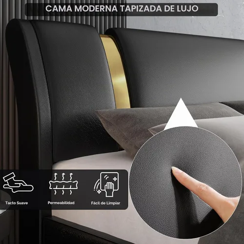 Vista 5 de TTVIEW Moderna base de cama tapizada de piel sintética con decoración de metal de hierro dorado, cabecera curvada ajustable, soporte de listones