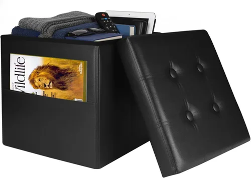 Vista 17 de Bsketa Otomana de Almacenamiento, Taburete Plegable con Asiento Acolchado de Espuma Más Gruesa, Otomana Pequeña de Cuero para Almacenamiento, Banco