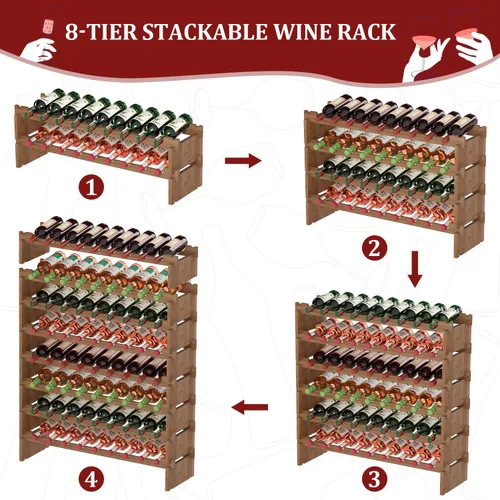 Vista 4 de Domax Estante de vino independiente para 72 botellas de vino, 8 niveles, apilables, de madera de bambú, estantes de almacenamiento para cocina, bar