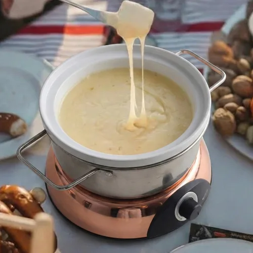 Vista 4 de Juego de fondue eléctrico de chocolate y queso Artestia con dos ollas (acero inoxidable y cerámica), para servir a 8 personas