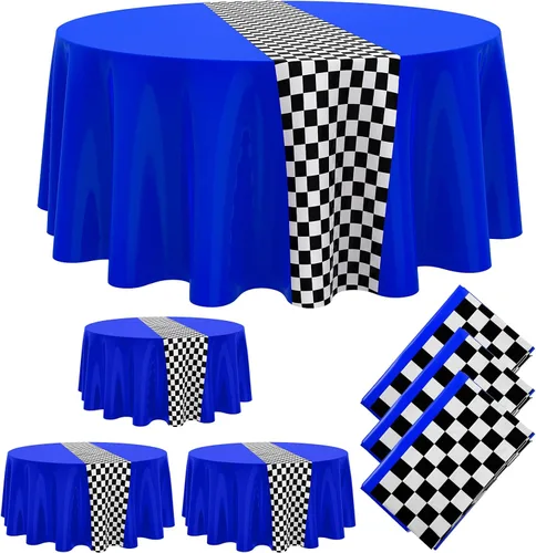 Vista 17 de Oudain 3 piezas de suministros para fiesta de cumpleaños de autos, decoraciones para fiestas de carreras, mantel redondo de carreras con bandera a