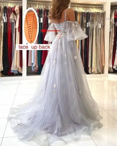 Vista 3 de pfectdy Vestidos de fiesta de tul con tirantes delgados, apliques de encaje, vestidos de baile con manga hinchada para mujer, vestidos de fiesta