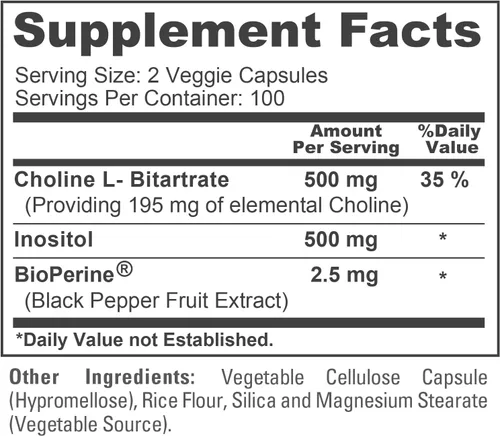 Vista 4 de Colina, L bitartrato e inositol, 1000 mg, 200 cápsulas vegetales - 100