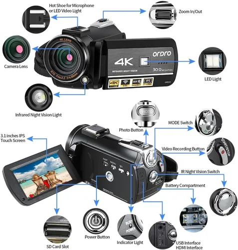 Vista 2 de Videocámara 4K ORDRO con visión nocturna, Cámara de video para Vlog, Caza de fantasmas, para YouTube, pantalla táctil IPS de 3.1’’, videocámara