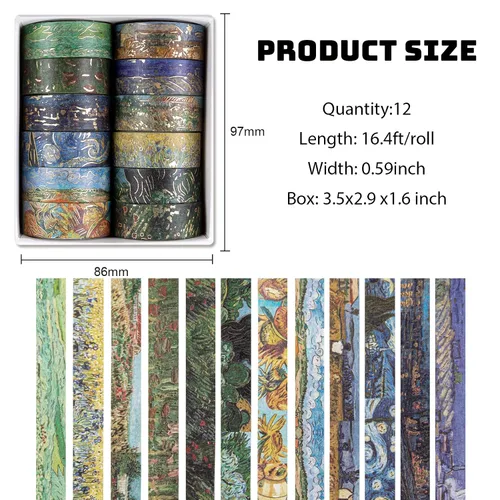 Vista 2 de Lychii Juego de Cinta Washi, 12 Rollos de Cinta Adhesiva de Oro con Patrones de Pintura al Óleo de Van Gogh de 5M/16.4Pies de Largo, Cintas art
