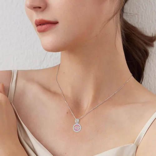 Vista 3 de Collar de ópalo para mujer, collar con colgante de piedra de ópalo redondo Daitny de plata de ley, piedra natal de octubre, regalo de joyería