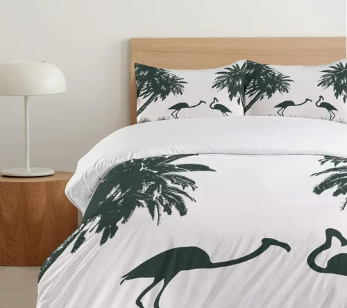 Vista 5 de Ambesonne Juego de funda de edredón natural, pájaros flamencos y palmeras en Miami, exóticos paisajes naturales tropicales, juego de ropa de cama