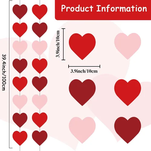 Vista 2 de Tevxj Paquete de 12 guirnaldas de corazón para decoración del día de San Valentín, kit de pancarta en forma de corazón rojo, sin bricolaje