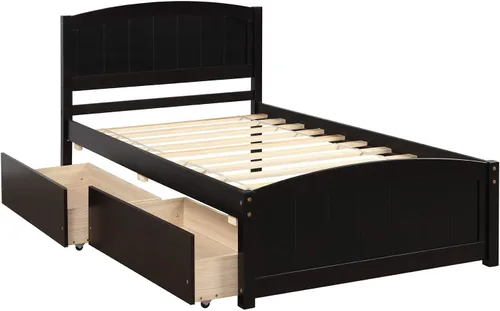 Vista 5 de Harper & Bright Designs Base de cama individual, plataforma de madera con dos cajones, cabecero, estribo y soporte de listones de madera (expreso)