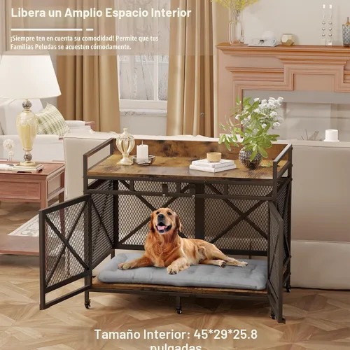 Vista 4 de COZPAW Jaula para perros de 48 pulgadas con ruedas, marrón Perrera extra grande para perros XL, mesa auxiliar de madera con barandilla, marco