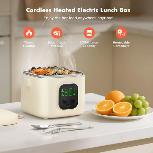 Vista 2 de Lonchera eléctrica inalámbrica para adultos y niños, alimentada por batería de 14000 mAh, calentador de alimentos autocalentable con tipo C