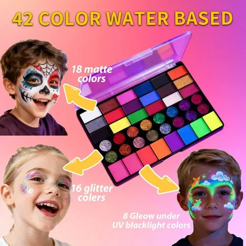 Vista 3 de Kit de pintura facial para niños, no tóxico, paleta fácil de activar con agua con plantillas, pinceles y gemas con brillantina. Perfecto