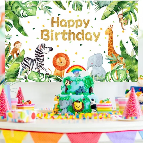 Vista 5 de Suministros para fiesta de cumpleaños de safari con temática de animales de la selva, telón de fondo, zoológico, animales, decoraciones de fiesta