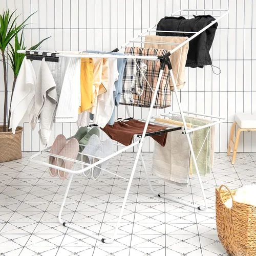 Vista 5 de Nightcore Estante de secado de ropa de 2 capas, estante de secado de aluminio con altura ajustable, no necesita montaje, estante compacto plegable