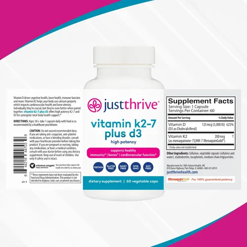 Vista 2 de Just Thrive Vitamina K2-7 Plus D3 - Suplemento para la salud inmunológica, cardíaca y ósea, 60 cápsulas vegetales