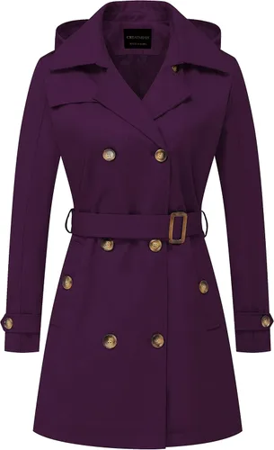 Vista 30 de CREATMO US Gabardina para mujer con doble botonadura clásica con solapa, con cinturón y capucha desmontable Albaricoque
